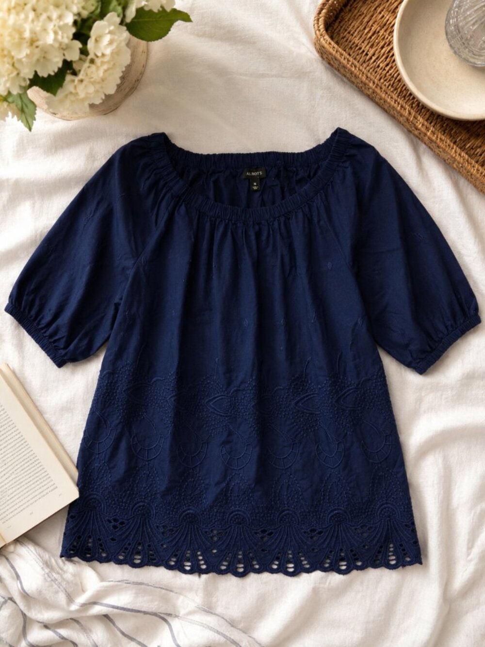 Talbots 100% Cotton Embroidered Short Sleeve Blouse / Off Shoulder, Size Medium